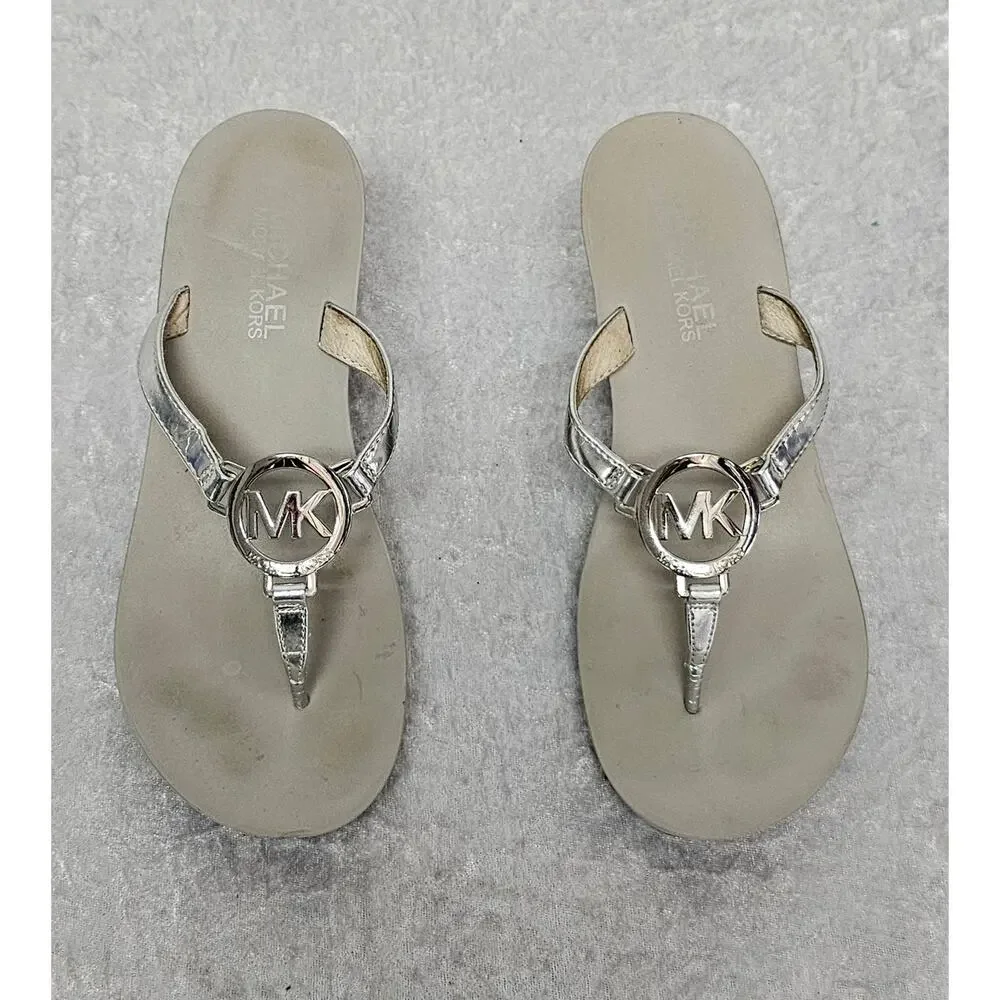 Michael Kors Warren Women Metallic T-Strap Thong Wedge Sandals-Size 7M